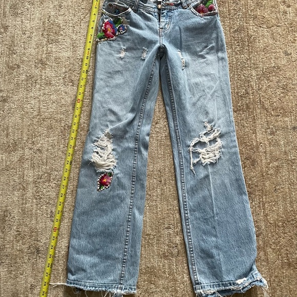 Free People Distressed Low Rise Straight Leg Embroidered Jeans, Size 26 - Picture 8 of 11